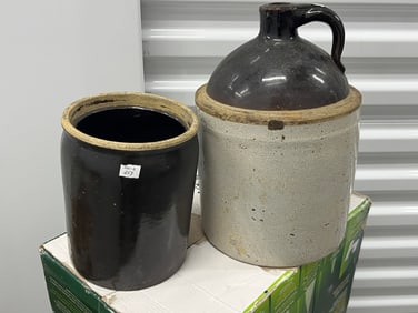 Antique Stoneware 11"h Whisky Jug & Small Crock