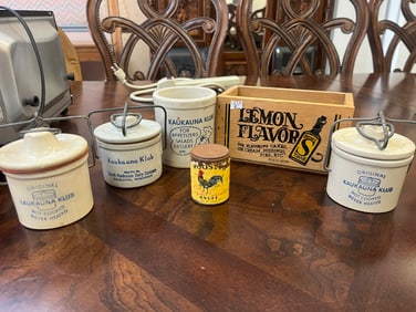 6-Antique Items (Crocks-Snuff Can-Wood Box)