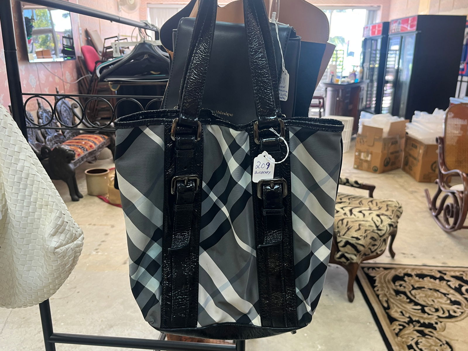 BURBERRY Black Beat Check Nylon & Patent Leather Victoria Tote Bag (1 of 4)