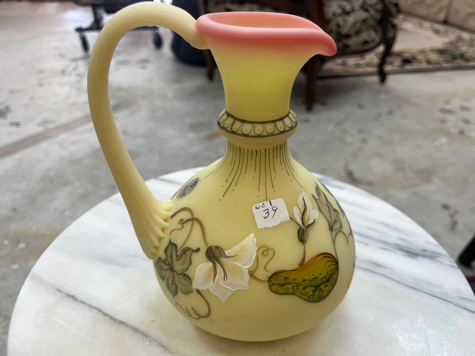 VTG Fenton  Hand Painted Burmese Art Glass Ewer/Pitcher (1 of 4)