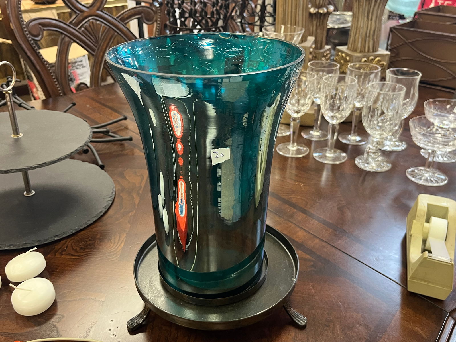 Teal Blue Green Glass on Footed Black Metal Base Candle Stand (1 of 3)
