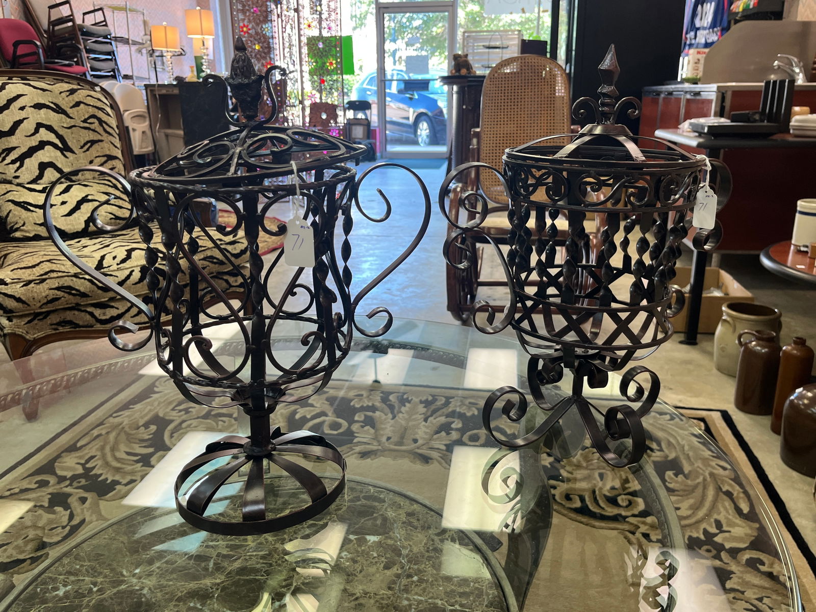 Pair Scrolled Black Metal Cage Urn: Pair Scrolled Black Metal Cage Urn