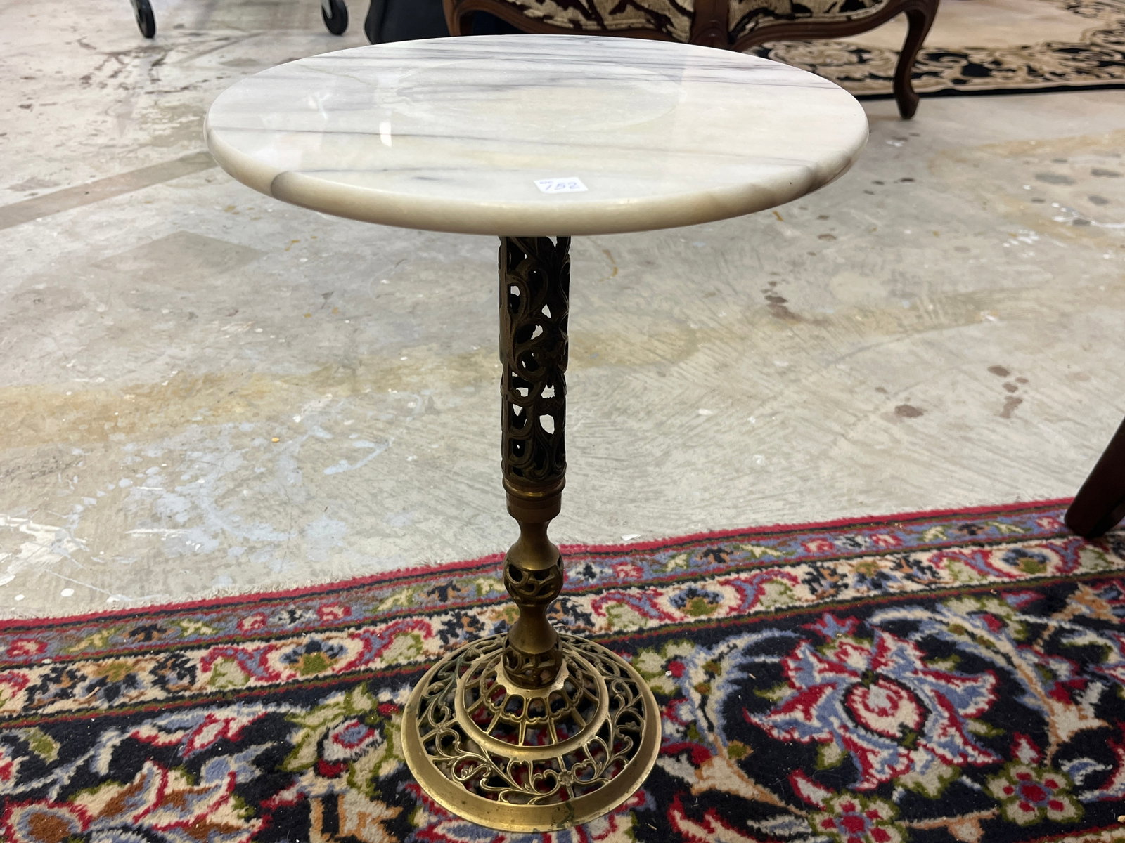 Marble Top Open Work Brass Base Side Table: Marble Top Open Work Brass Base Side Table, 16.5h x 12dia.