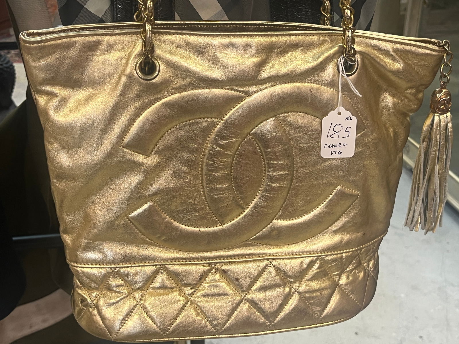 VTG Early 80's Large Quilted Gold Lampskin Chanel Bag: VTG Early 80's Large Quilted Gold Lampskin Chanel Bag (avg. wear for the age)