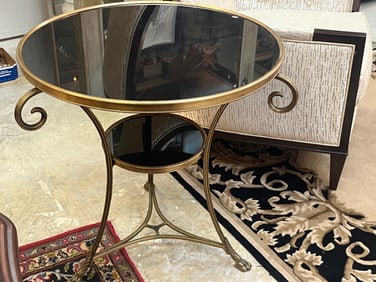 Louis XVI Style Black Marble Top Gueridon Table, 27.5"dia. Brass 3-Leg , 28"h