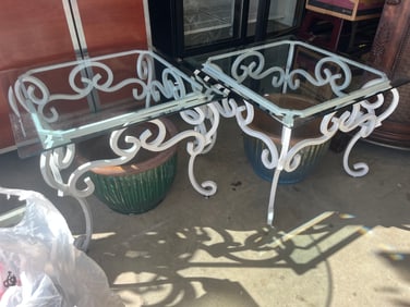 (2) Heavy White Iron Beveled Glass Top Tables