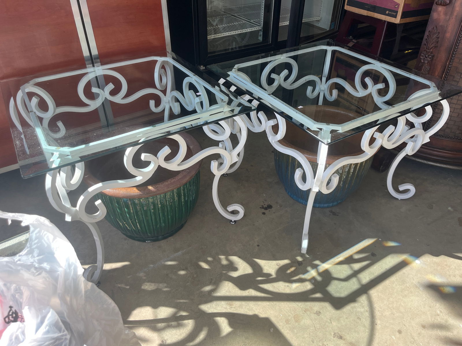 (2) Heavy White Iron Beveled Glass Top Tables (1 of 3)