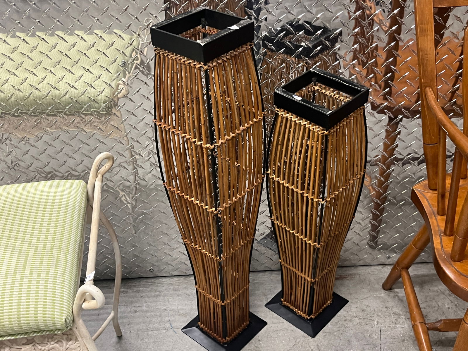 Pier 1 Bamboo/Wicker Metal Floor Candle Holder Set (1 of 2)
