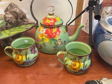 MacKenzie-Childs Flower Market 2-qt. Enamel Tea Kettle w/2-Cups