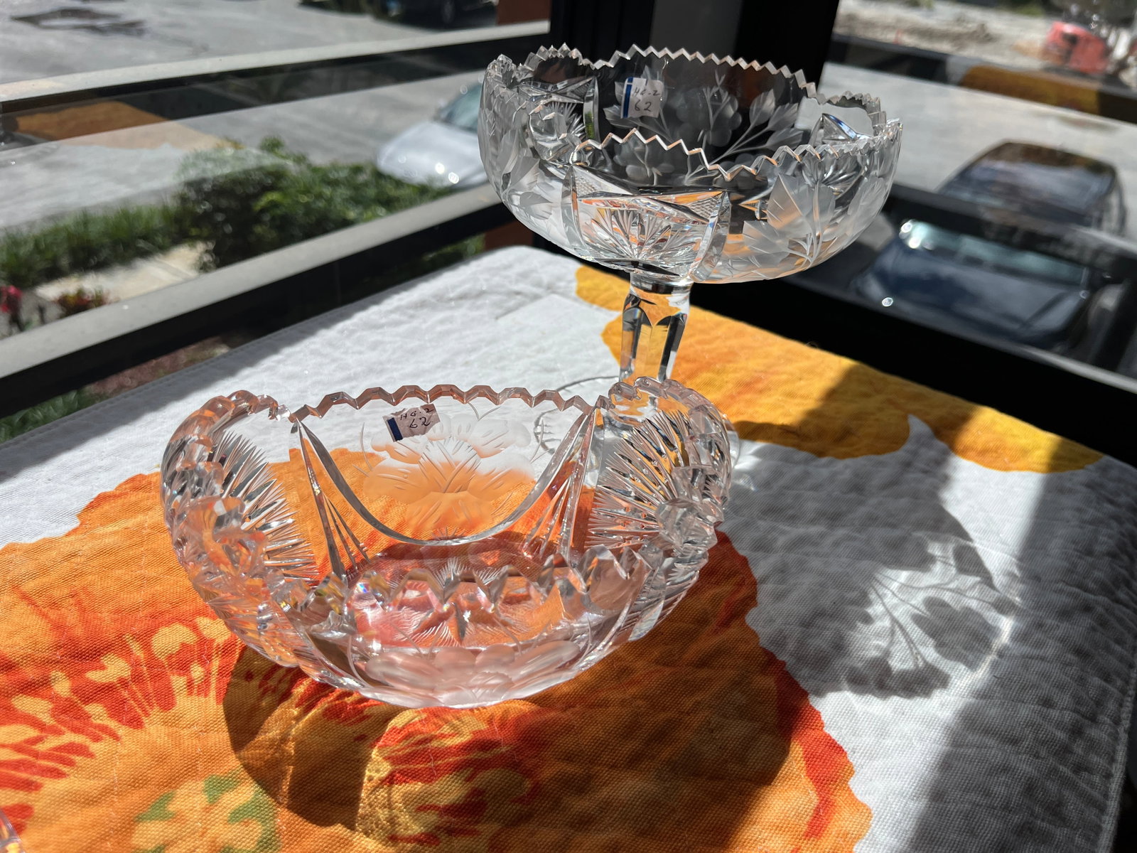 Crystal 9"h Compote & Crystal Boat Bowl: Crystal 9"h Compote & Crystal Boat Bowl