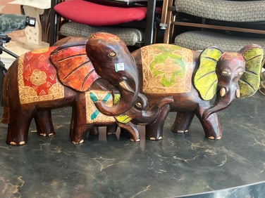 Hand Painted Wood Carved Elephants