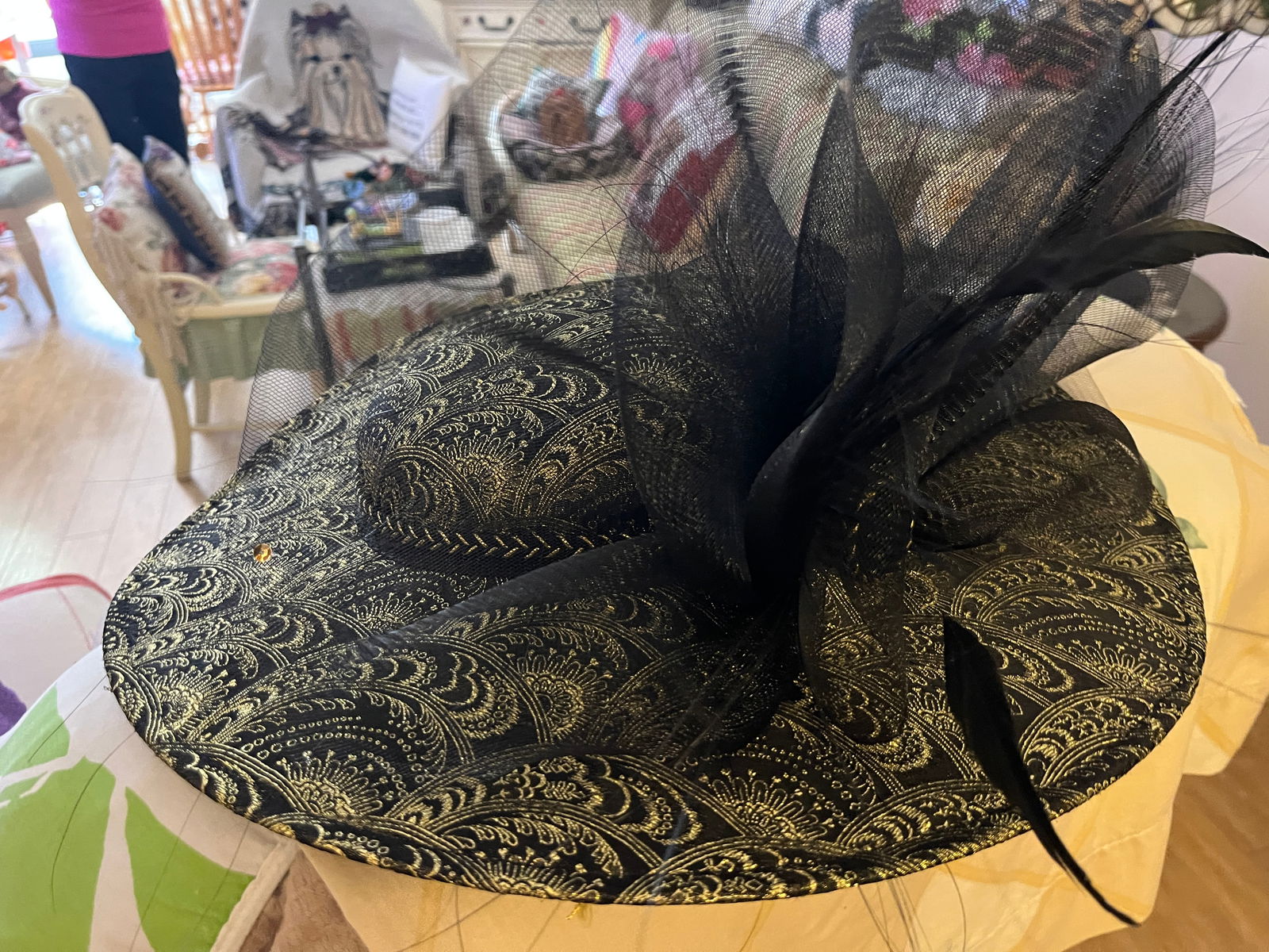 Chic Black Fascinator Hat with Gold Paisley Pattern (1 of 3)