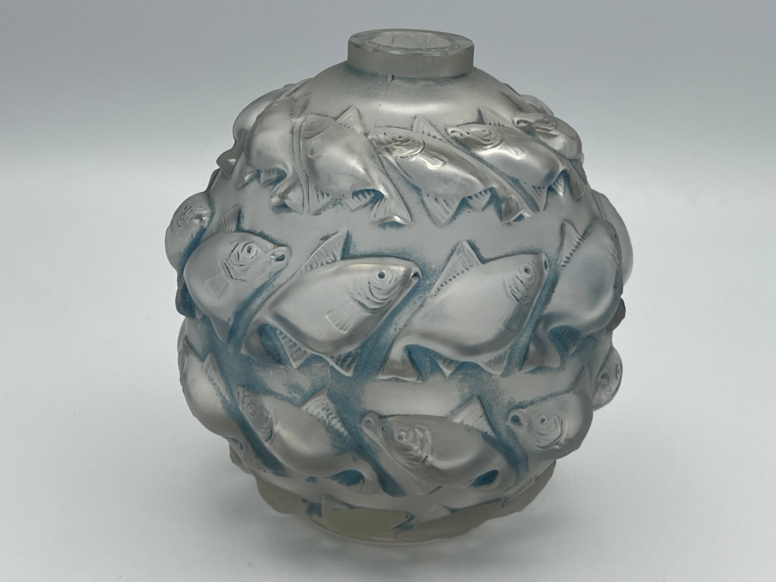 Rene Lalique Opalescent Glass "Camaret" Vase: Rene Lalique Opalescent Glass "Camaret" Vase, 4-Rows of Fish Molded in Relief No. 1010
