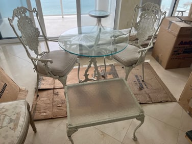 4pc. Glass Top White Aluminum Patio Table/2-Chairs/Side Table