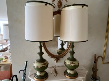 Pair VTG Hand Painted Green Table Lamps