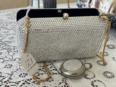 Estee Lauder Rose Marie Silver Rhinestone Clutch Bag with Gold Chain