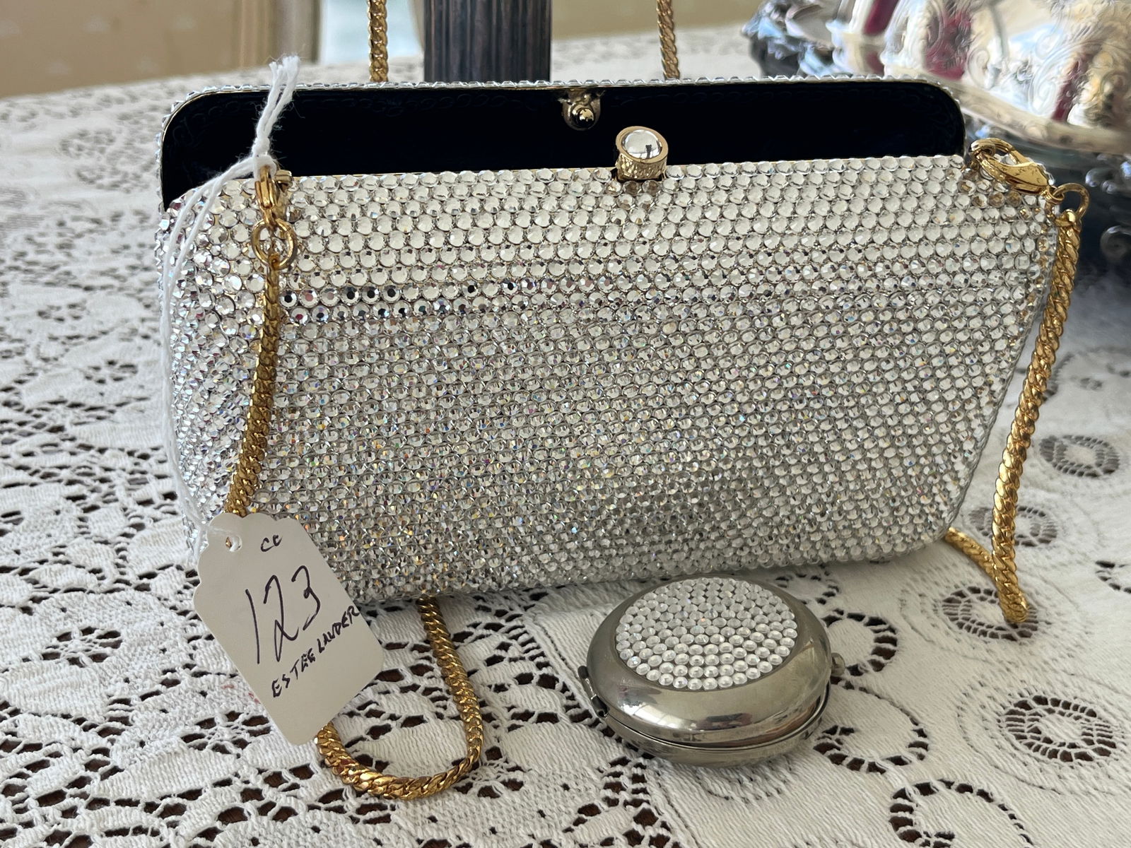 Estee Lauder Rose Marie Silver Rhinestone Clutch Bag with Gold Chain (1 of 4)
