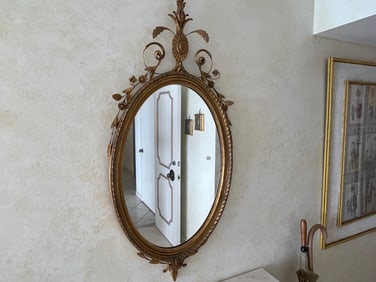 VTG Large Oval Gilt Frame Hanging Wall Mirror with Floral & Vine Crest