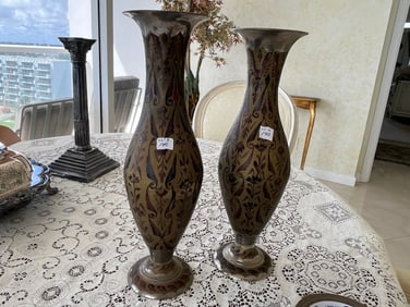 Pair VTG Hand Painted Siver Vases (tallest is 12.5"h)