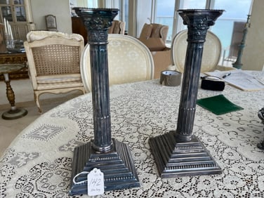 Pair of Antique Sterling Weighted Neoclassical Corinthian Column Candlesticks, 12"h Hallmarks