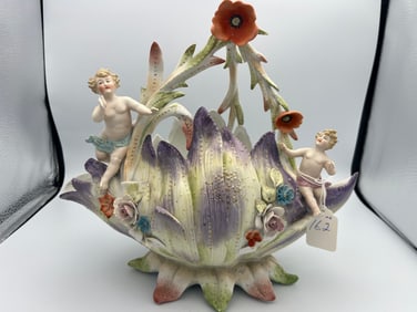 German Bisque Floral, Large Basket with Cherubs
