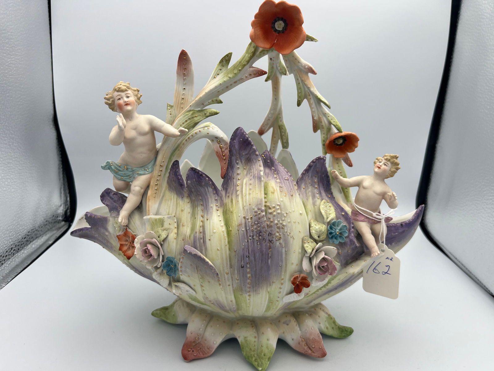 German Bisque Floral, Large Basket with Cherubs (1 of 4)