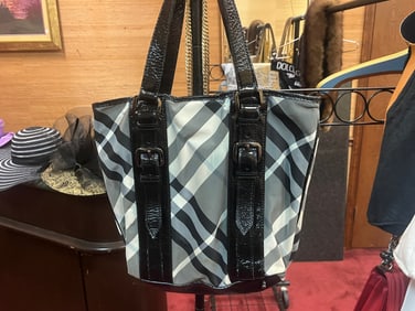 BURBERRY Black Beat Check Nylon & Patent Leather Victoria Tote Bag