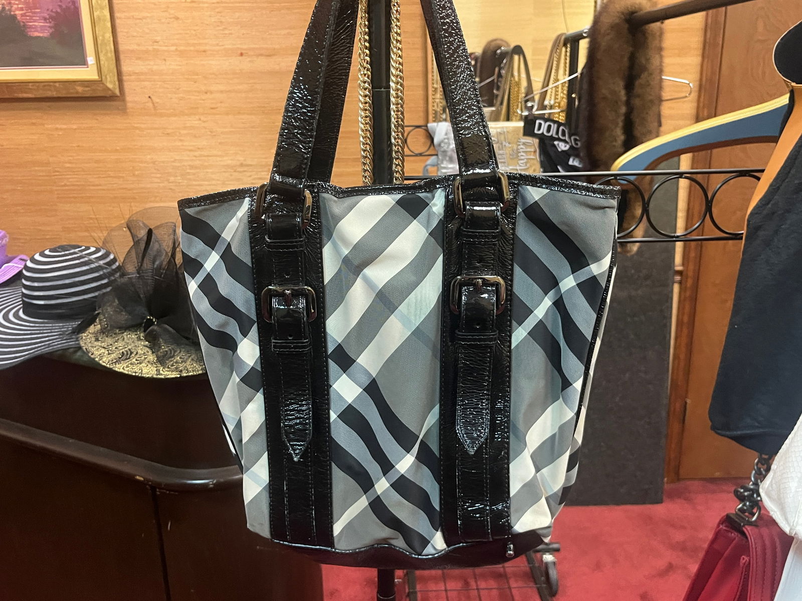 BURBERRY Black Beat Check Nylon & Patent Leather Victoria Tote Bag (1 of 3)