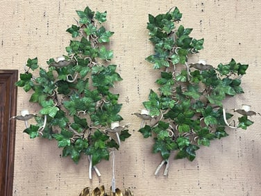 Pair of VTG Italian Tole Painted Green Botanical Ivy Leaf Wall Candle Sconces