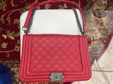 CHANEL Red Quilted Lambskin Boy Flap Bag