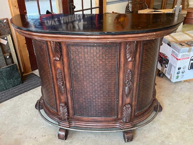 Slate Top Mahogany Demilune Bar: Black Slate Top Demilune Mahogany Bar w/Foot Rail