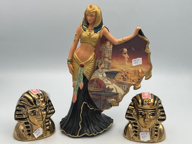 Bradford Exchange Cleopatra Goddess of the Nile A 0994 & 2-VTG Mitcher's King Tut Whiskey Decanters