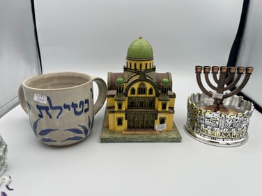 4-Judiac Items (Hand Washing Cup, Menorah, Wine Bottle Coaster & Gr.Synagogue of Florence, Italy