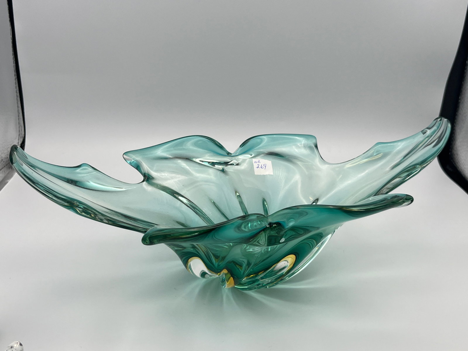 MCM Green Centerpiece Bowl: MCM Green Centerpiece Bowl (possibly Murano) 5h x 13w x 7d