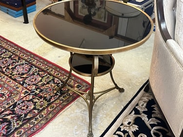 French Gilt Two Tier Bronze Gueridon Table with Black Marble Top