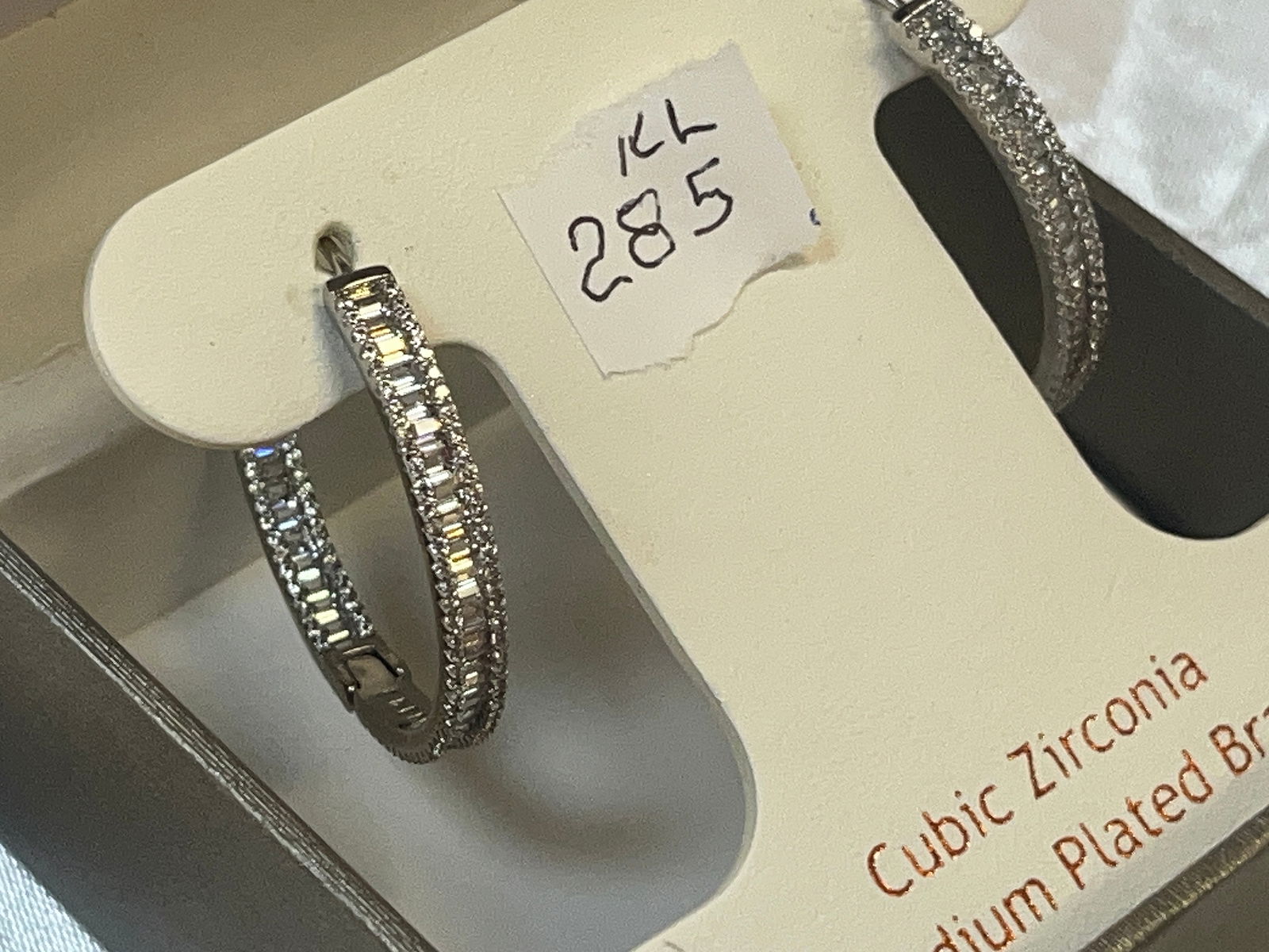 Pair Cubic Zirconia Rhodium Plated Brass Hoop 1.25" Earrings