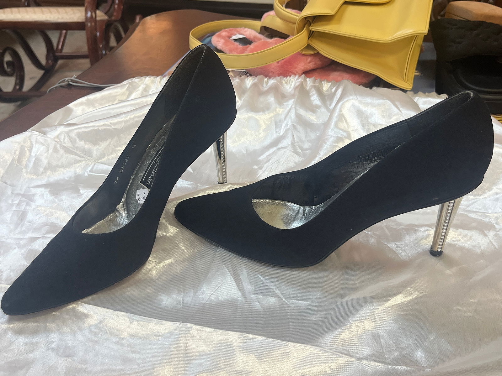 Pair Black Stuart Weitzan Satin Pumps w/Pointed Toe, M-7