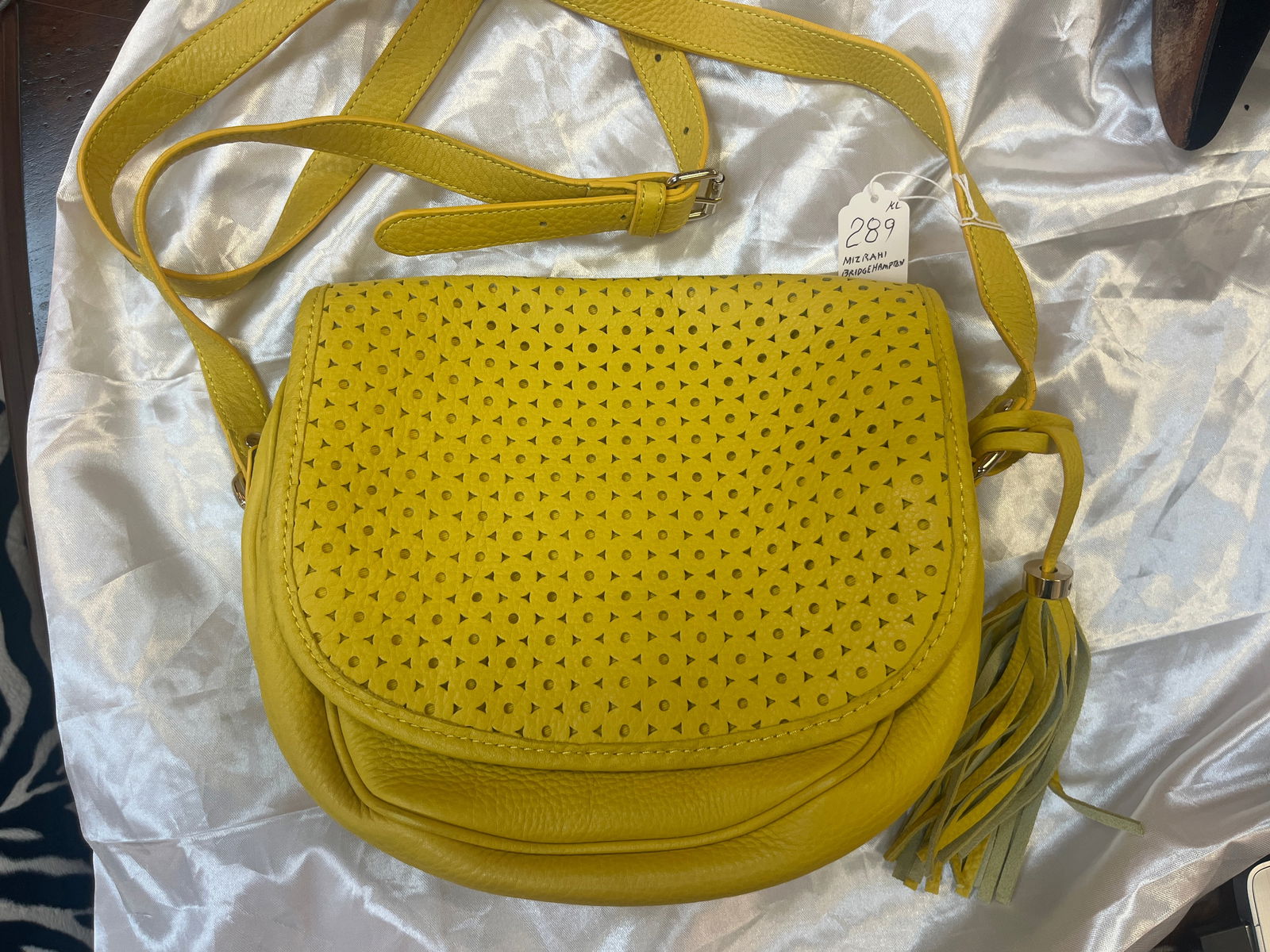 Mizrahi Bridgehampton Cutout Pebble Yellow Leather Crossbody Bag: Mizrahi Bridgehampton Cutout Pebble Yellow Leather Crossbody Bag
