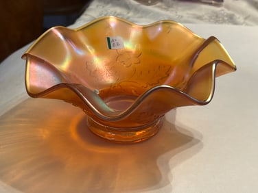 VTG Fenton Marigold Carnival Glass Bowl with Ruffeld Edge in the 'Two Flowers' pattern