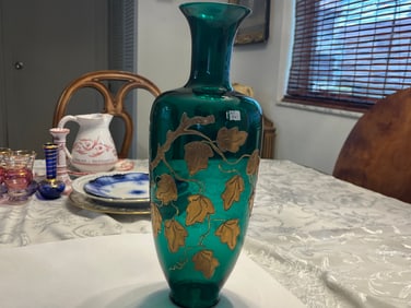 MCM Hand Blown Green Vase with Gold Leaf attached, looks Murano or Bohemian (has hole in the bottom.