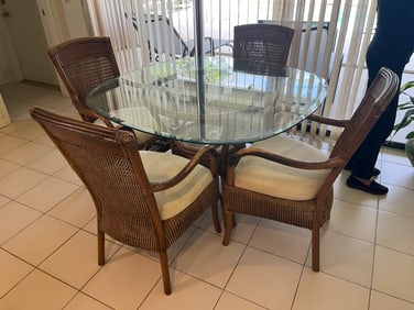 Bamboo with Wicker Beveled Glass Top Table with 4-Armchairs