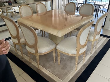Modern French Provincial Style Laquered Finish Table w/8-Louis XV Style Chairs