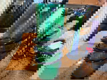 Hand Blown Green Vase w/Cobalt Blue Swirl Attached Vase