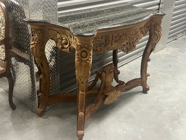 Blk. Granite Top Heavily Carved French Rococo Foyer Table
