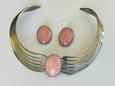 Sterling Chocker Necklace with matching Earrings Featuring Rose Quartz Stones