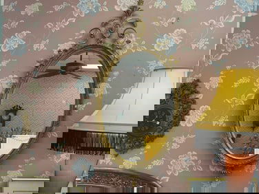 VTG Large Oval Gilt Frame Hanging Wall Mirror with Floral & Vine Crest