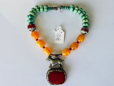 Tibetan Orange Amber with Faux Turquoiise, Necklace with Silver Rabbit & Red Coral Pendant