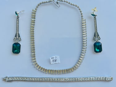 Set of 3 (Rhinestone Necklace/Earrings/STERLING Rhinestone Bracelet