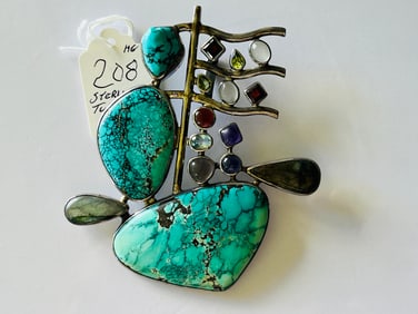 Sterling Turquoise Pendant , 4.25x4