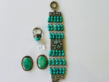 BARSE Sterling 5-Strand Turquoise Bracelet plus Earrings & Ring
